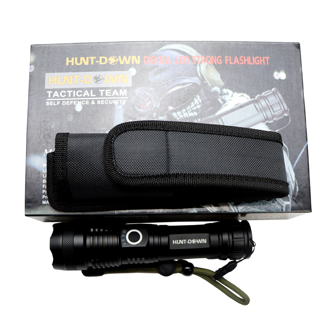 Hunt-Down 1000 Lumens Top Bright Focus High Powered Self-Defence Black Flashlight