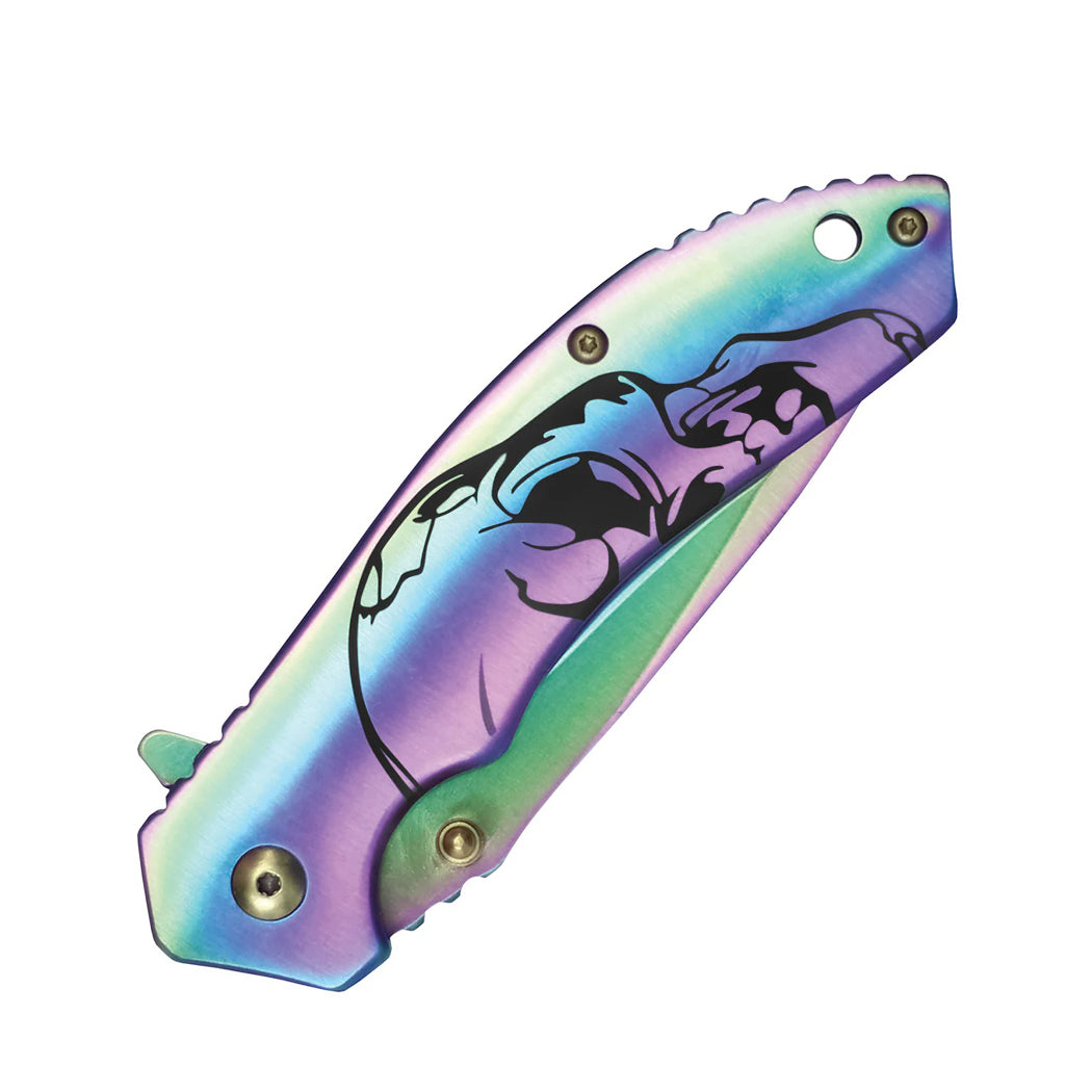 7.75" Skull Design Handle Rainbow Color Ball Bearing Folding Knife With Clip