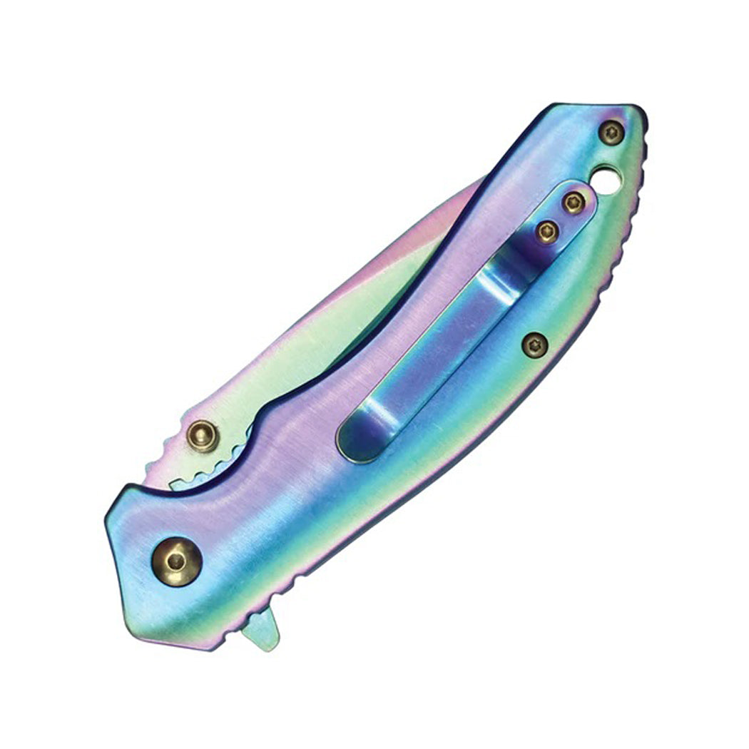 7.75" Skull Design Handle Rainbow Color Ball Bearing Folding Knife With Clip