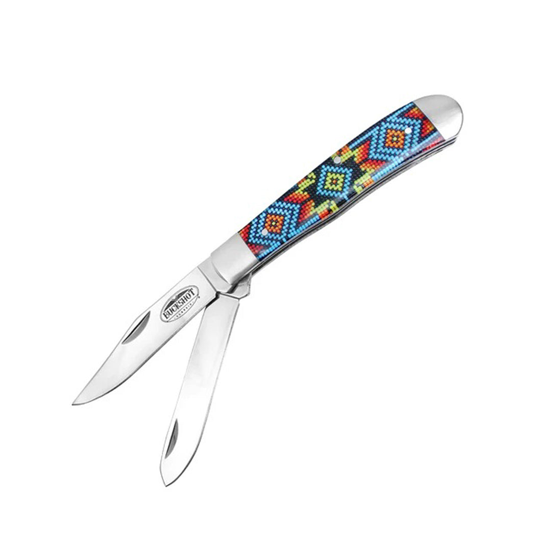 7.5" Ganado Tribal Print Handle Dual-Blade Steel Bolster Pocket Folding Knife