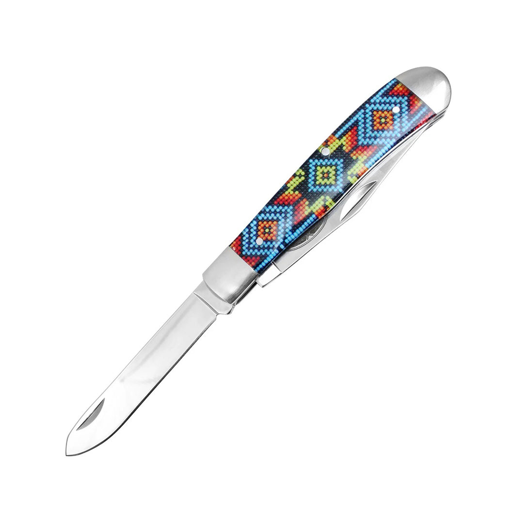 7.5" Ganado Tribal Print Handle Dual-Blade Steel Bolster Pocket Folding Knife
