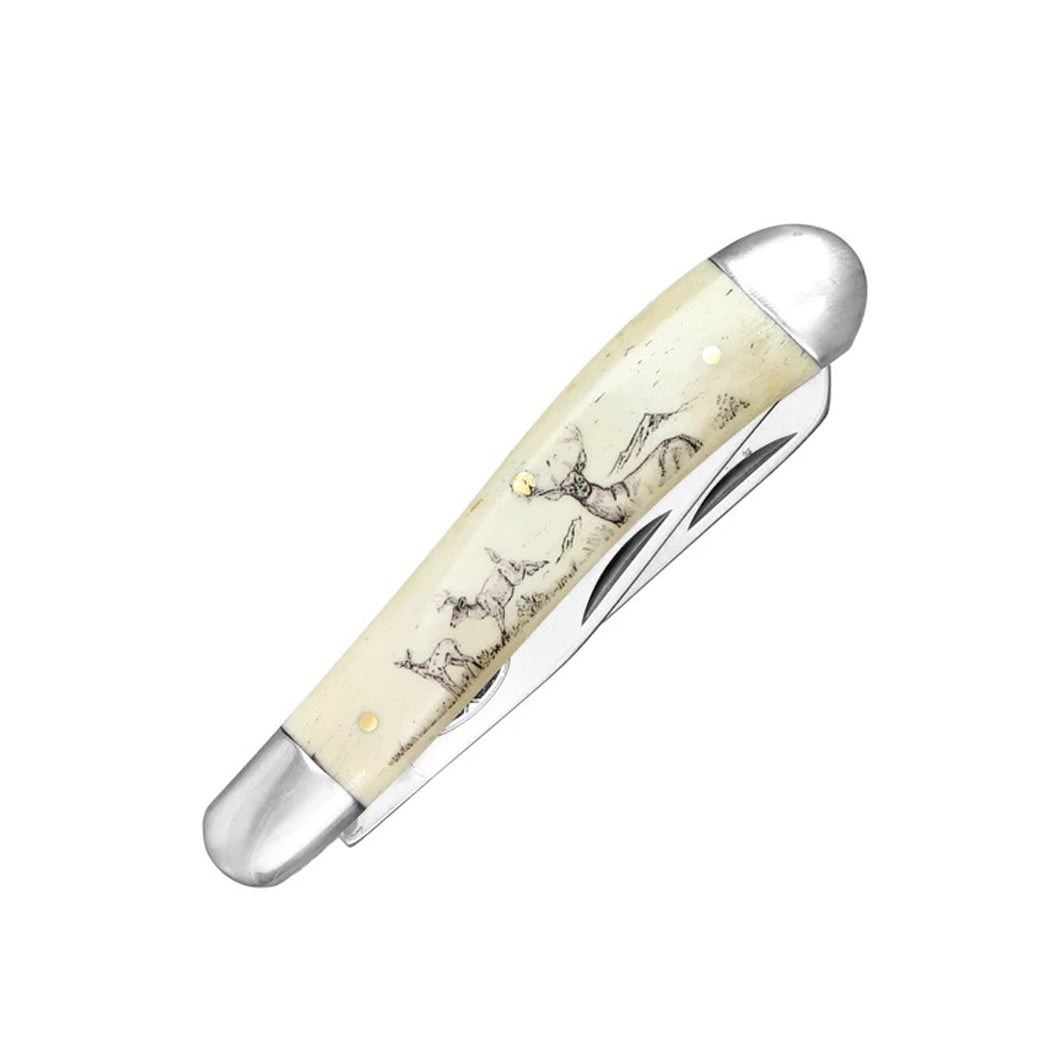 7" Faux Wild Deer Bone Handle Dual-Blade Steel Bolster Pocket Folding Knife