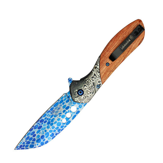 8.25" Blue Etched Blade Damascus Bolster Wood Handle Spring Assisted Pocket Folding Knife With Belt Clip