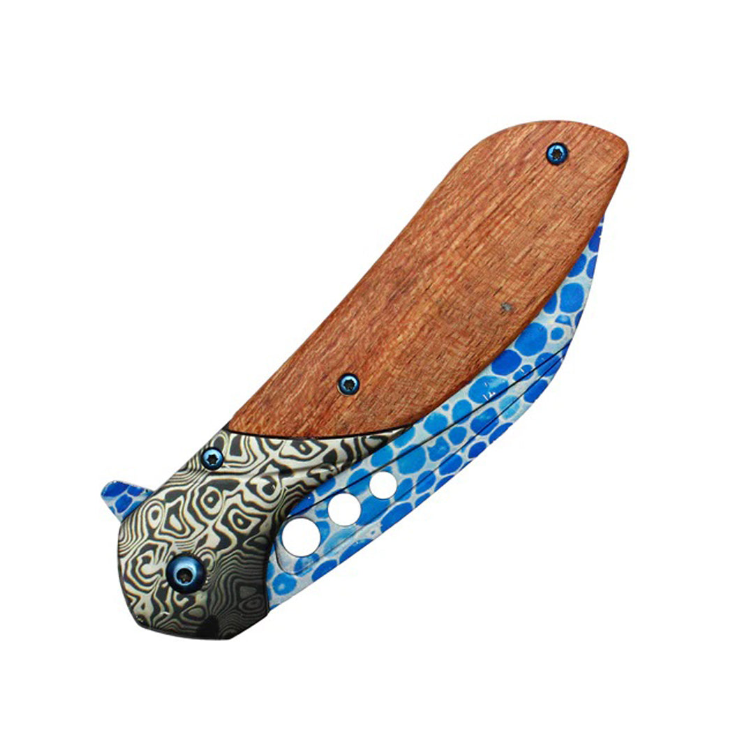 8.25" Blue Etched Blade Damascus Bolster Wood Handle Spring Assisted Pocket Folding Knife With Belt Clip