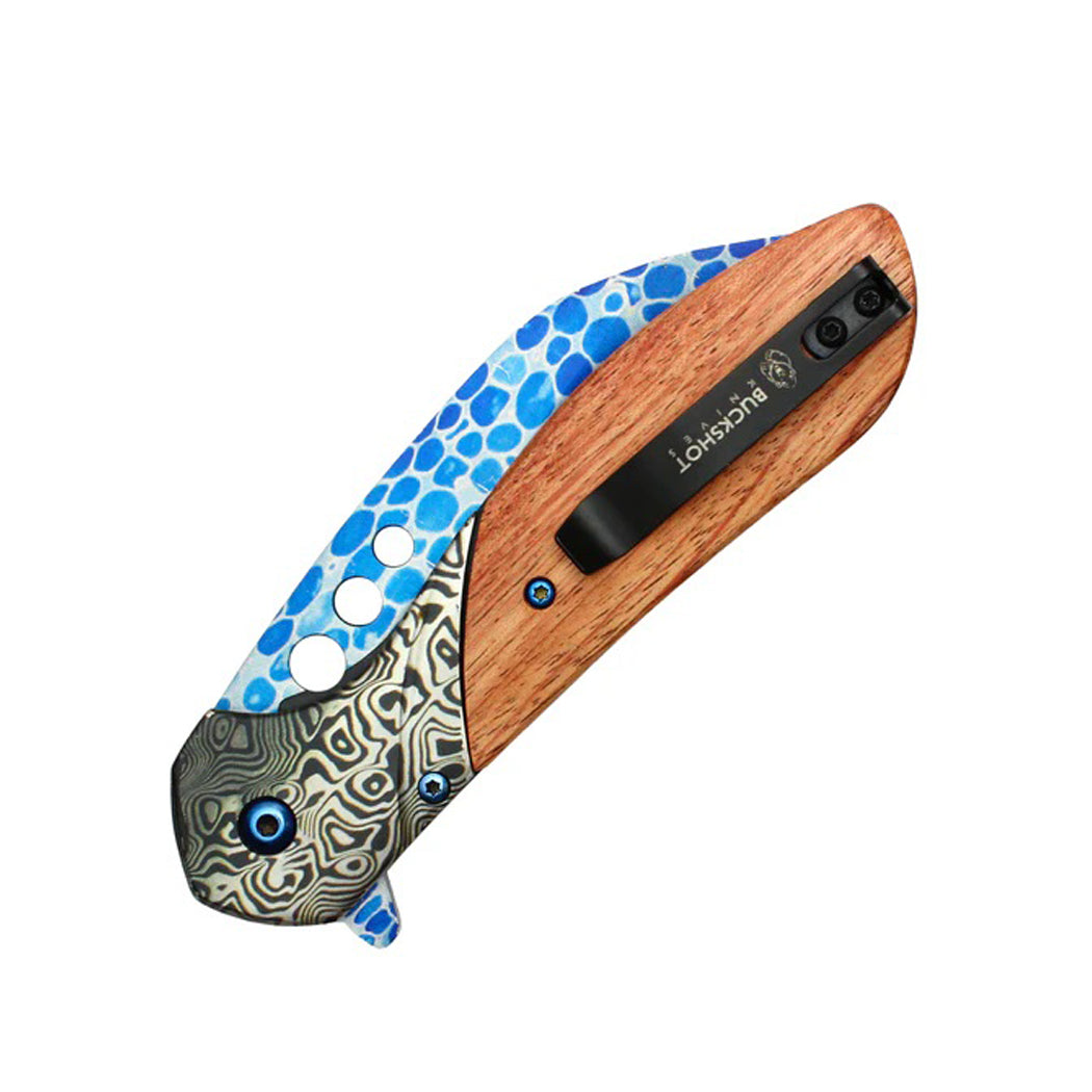 8.25" Blue Etched Blade Damascus Bolster Wood Handle Spring Assisted Pocket Folding Knife With Belt Clip