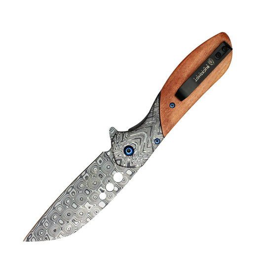 8.25" Damascus Etched Blade Wood Handle Spring Assisted Pocket Folding Knife With Belt Clip