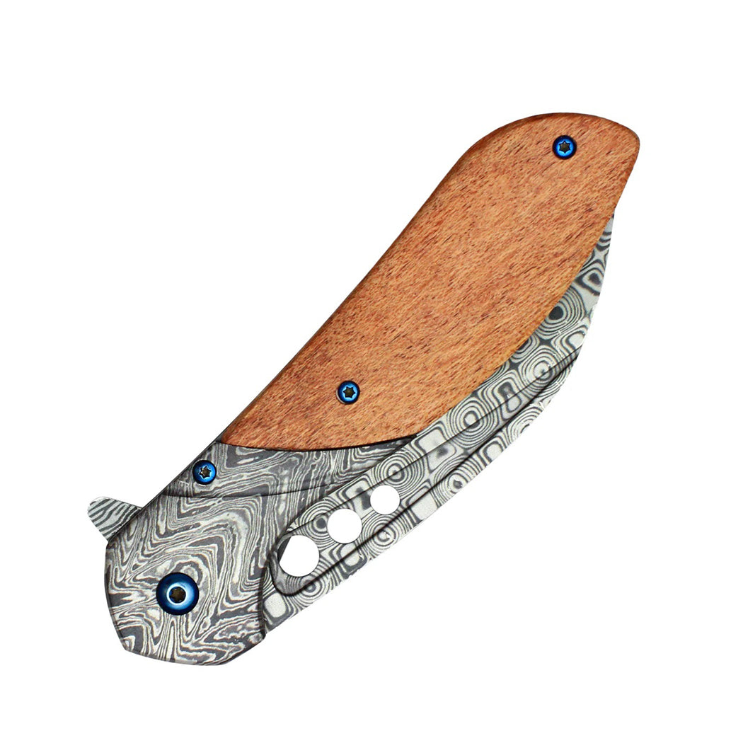 8.25" Damascus Etched Blade Wood Handle Spring Assisted Pocket Folding Knife With Belt Clip