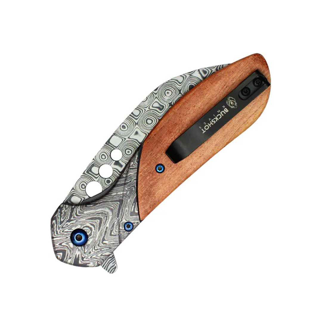 8.25" Damascus Etched Blade Wood Handle Spring Assisted Pocket Folding Knife With Belt Clip