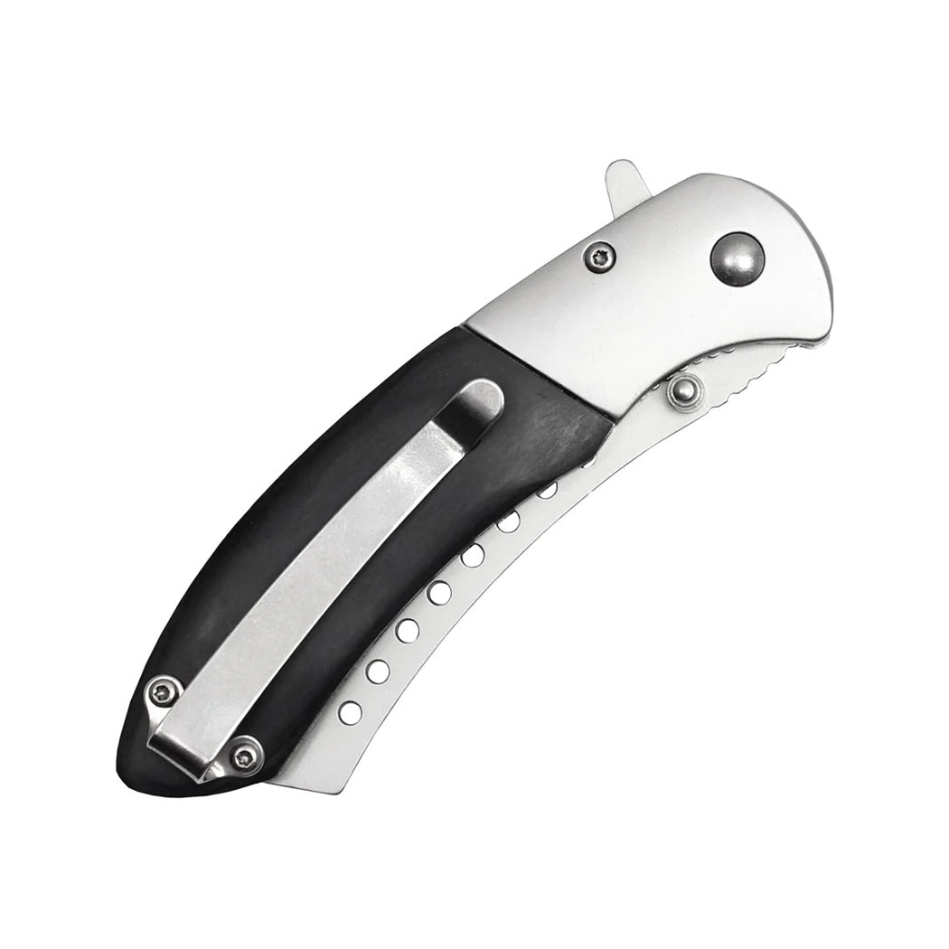 8" Silver Blade & Bolster Black Wood Handle Spring Assisted Folding Pocket Knife