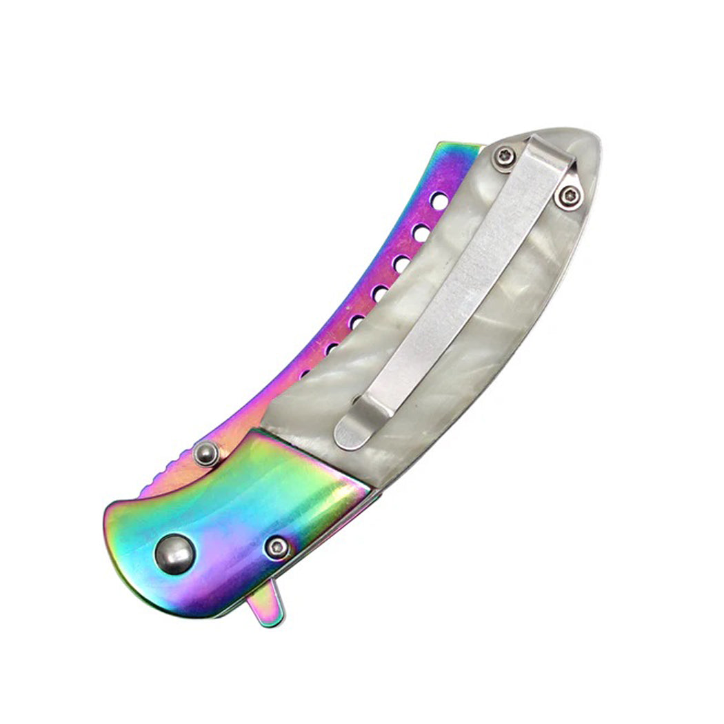 8" Rainbow Blade & Bolster White Pearl Handle Spring Assisted Folding Pocket Knife