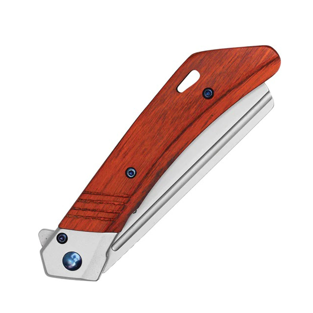 8" Polished Red Wood Handle Stainless Steel Blade Folding Pocket Knife With Belt Clip