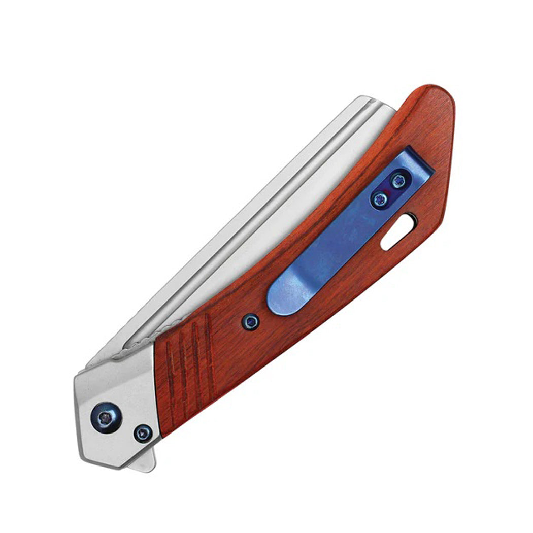 8" Polished Red Wood Handle Stainless Steel Blade Folding Pocket Knife With Belt Clip