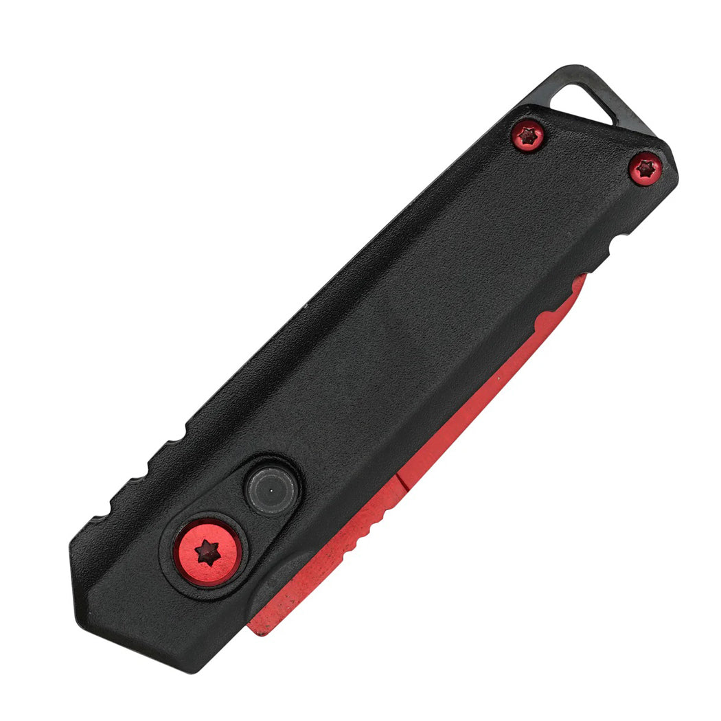 5" Red Blade Aluminum Handle Push Button Folding Knife With Belt Clip