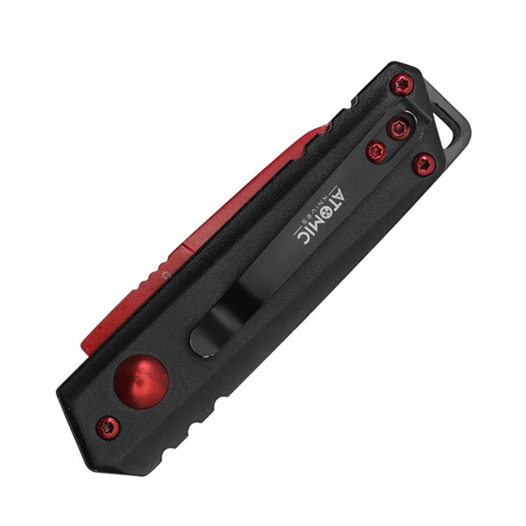 5" Red Blade Aluminum Handle Push Button Folding Knife With Belt Clip