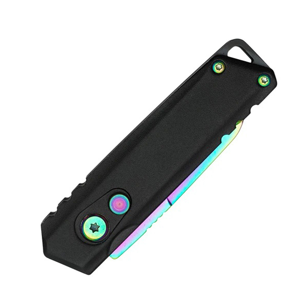 5" Rainbow Blade Aluminum Handle Push Button Folding Knife With Belt Clip