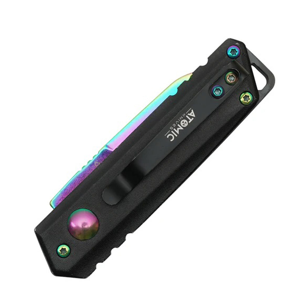 5" Rainbow Blade Aluminum Handle Push Button Folding Knife With Belt Clip