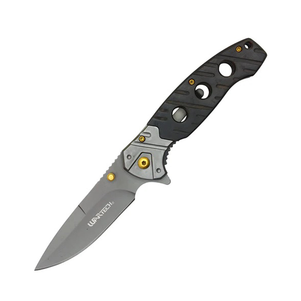 8" Gray Steel Blade w/ Perforated Black Wood Inlay Spring Assisted Folding Knife With Clip