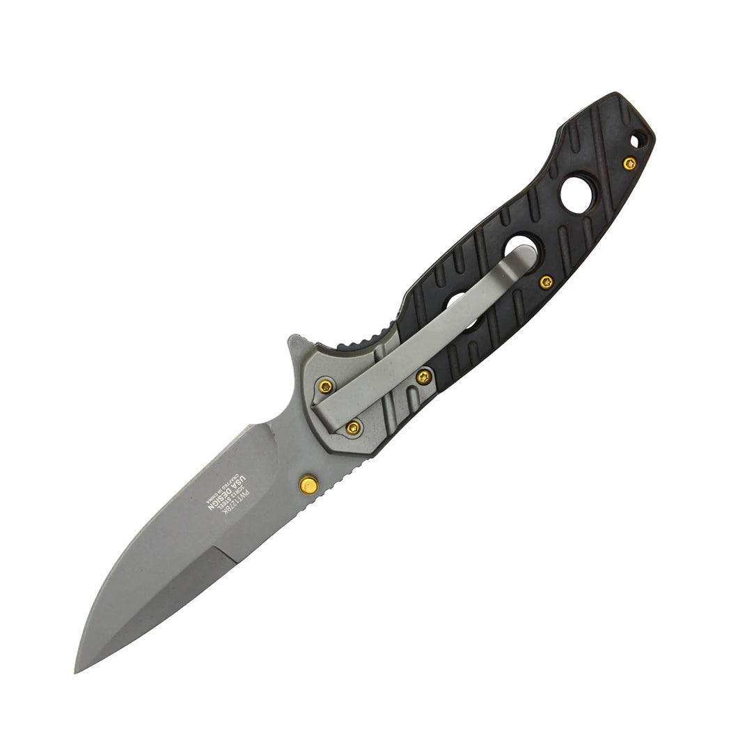 8" Gray Steel Blade w/ Perforated Black Wood Inlay Spring Assisted Folding Knife With Clip
