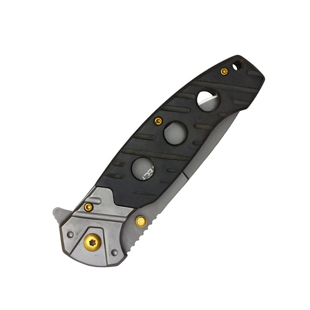 8" Gray Steel Blade w/ Perforated Black Wood Inlay Spring Assisted Folding Knife With Clip