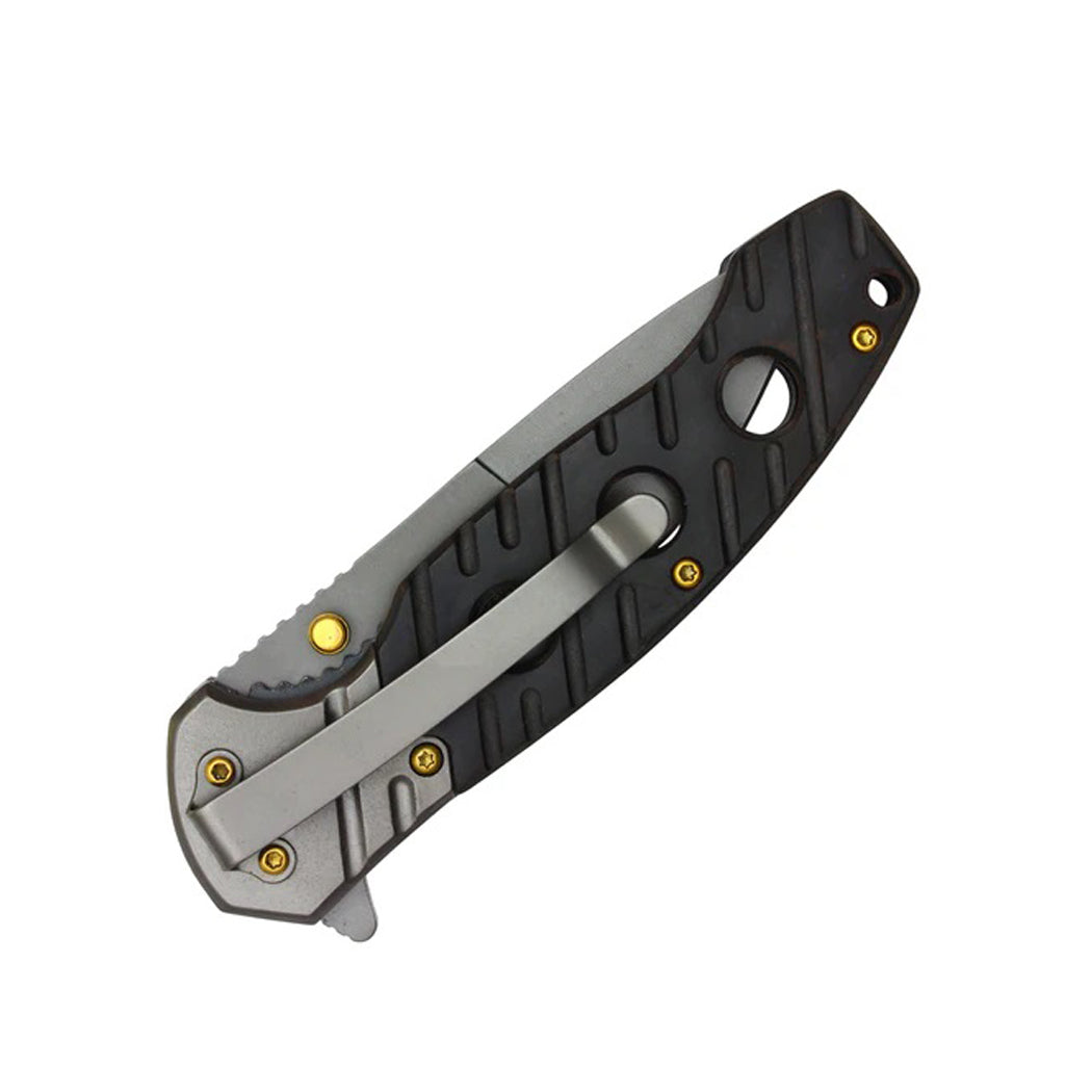 8" Gray Steel Blade w/ Perforated Black Wood Inlay Spring Assisted Folding Knife With Clip