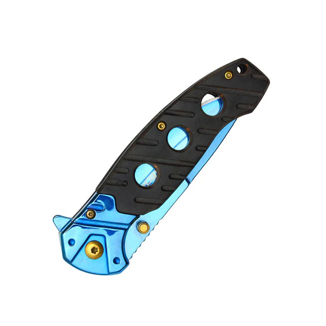 8" Blue Chrome Blade w/ Perforated Black Wood Inlay Spring Assisted Folding Knife With Clip