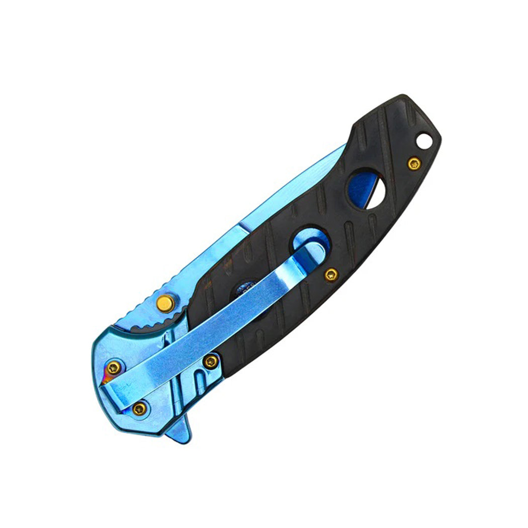 8" Blue Chrome Blade w/ Perforated Black Wood Inlay Spring Assisted Folding Knife With Clip