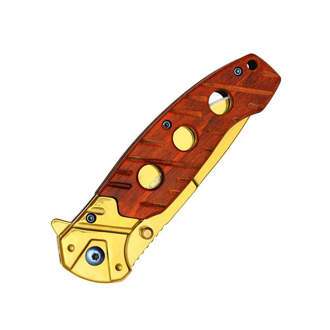 8" Gold Blade w/ Perforated Cherry Wood Inlay Spring Assisted Folding Knife With Clip