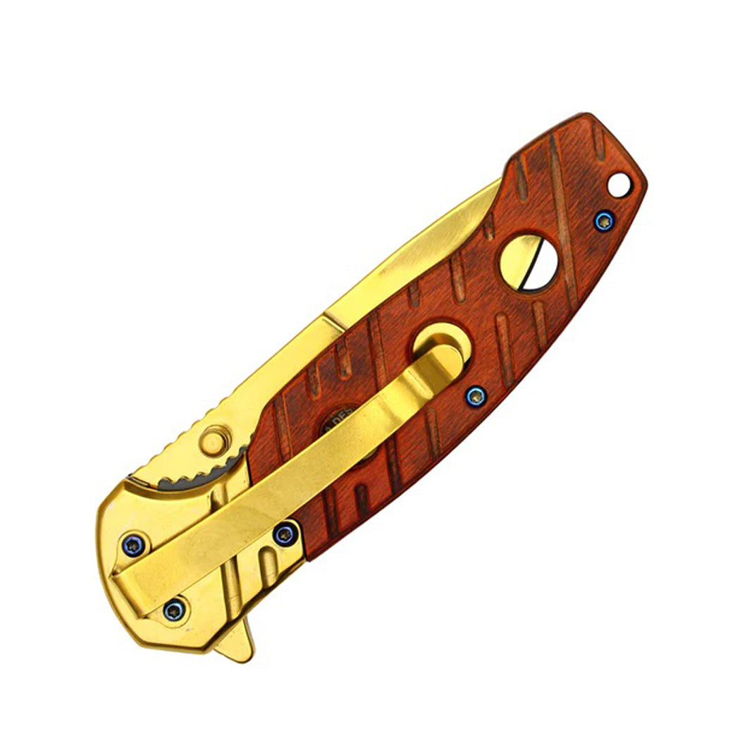 8" Gold Blade w/ Perforated Cherry Wood Inlay Spring Assisted Folding Knife With Clip