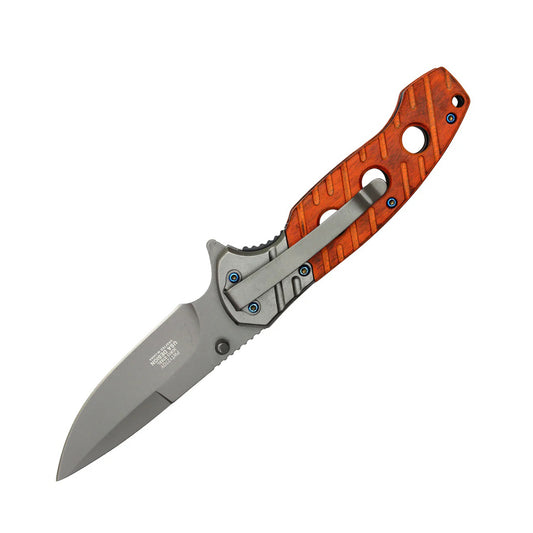 8" Grey Blade w/ Perforated Cherry Wood Inlay Spring Assisted Folding Knife With Clip