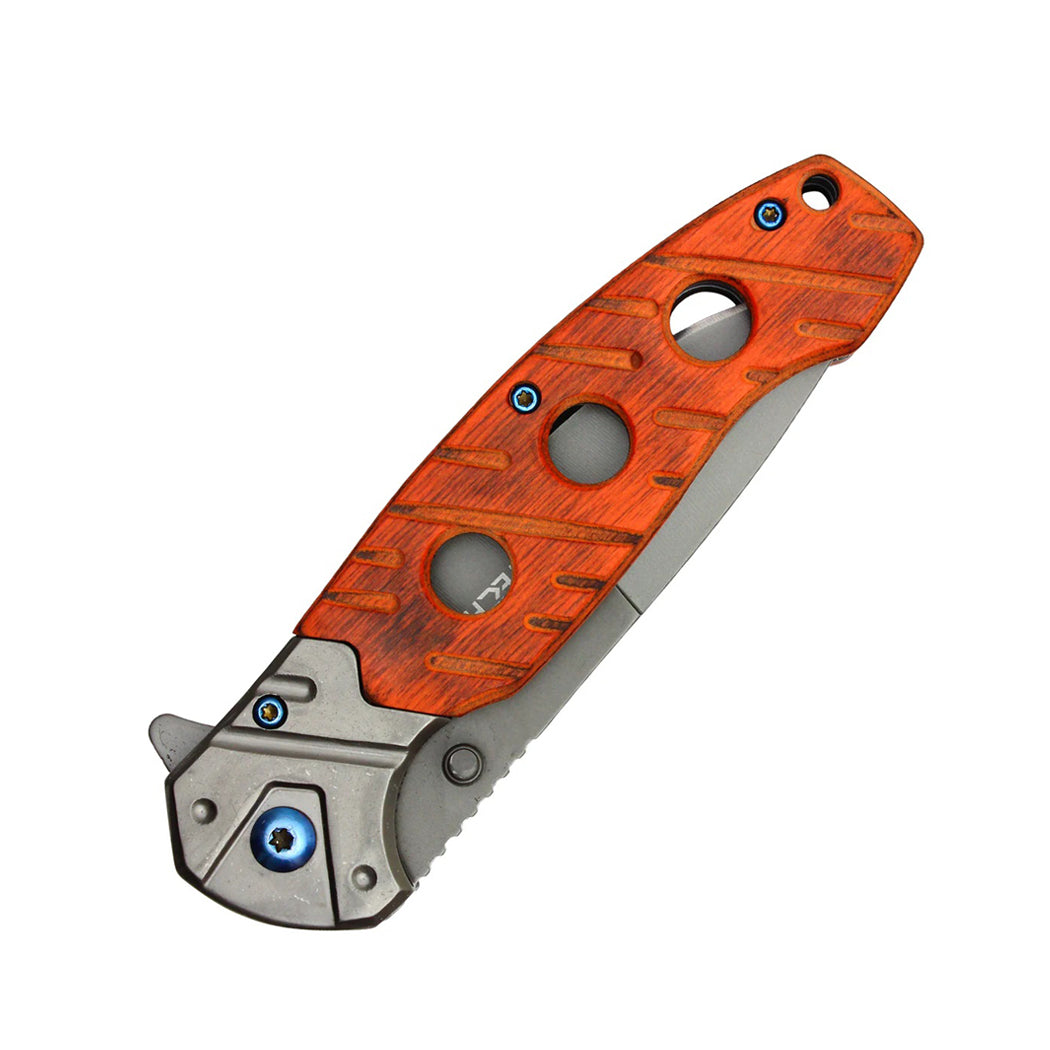8" Grey Blade w/ Perforated Cherry Wood Inlay Spring Assisted Folding Knife With Clip