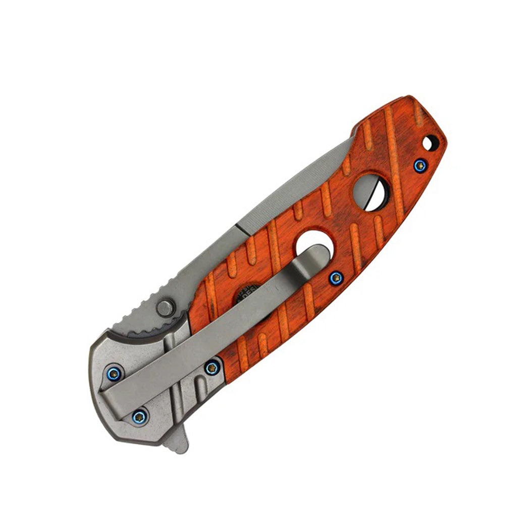 8" Grey Blade w/ Perforated Cherry Wood Inlay Spring Assisted Folding Knife With Clip
