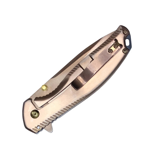 8" Copper Plated Eagle Graphic Blade Spring Assisted Pocket Knife w/ Wood Inlay Handle