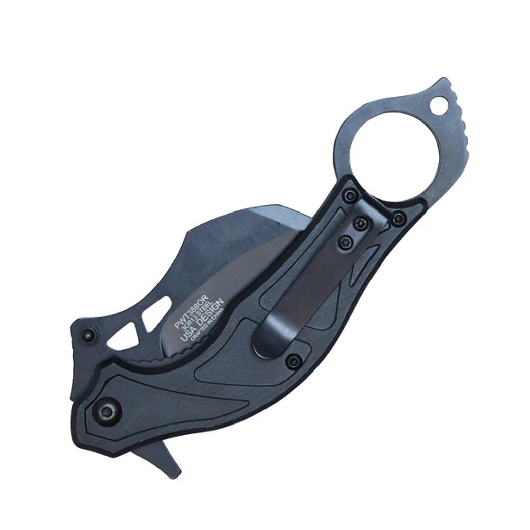 7" Black & Orange Aluminum Handle Karambit Folding Knife w/ Belt Clip & Finger Hole