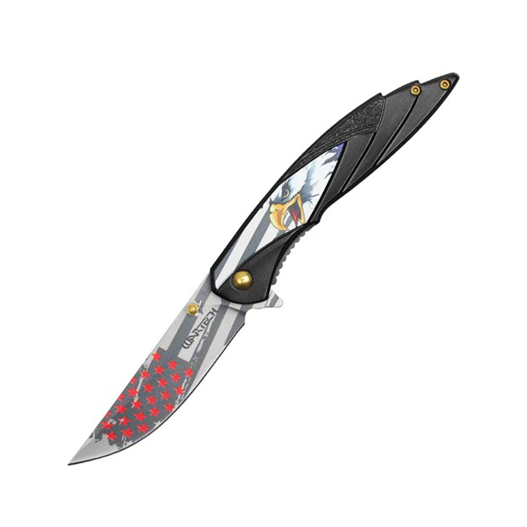 8" Black Eagle Print Handle USA Flag Blade Pocket Folding Knife With Belt clip