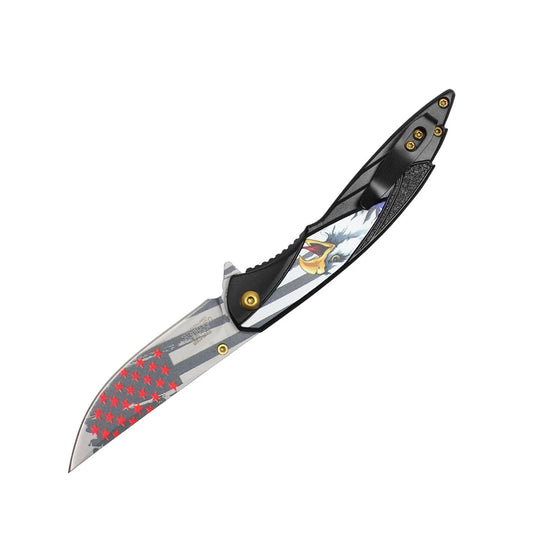 8" Black Eagle Print Handle USA Flag Blade Pocket Folding Knife With Belt clip