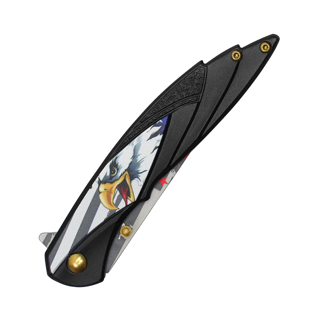 8" Black Eagle Print Handle USA Flag Blade Pocket Folding Knife With Belt clip