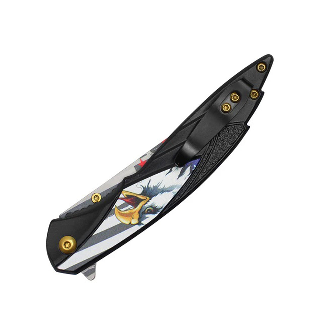 8" Black Eagle Print Handle USA Flag Blade Pocket Folding Knife With Belt clip