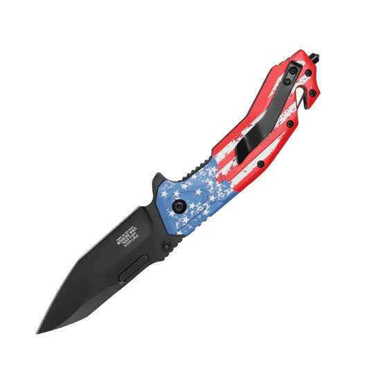 8.5" 3D Printed USA Flag Handle Spring Assisted Pocket Knife With Glass Breaker