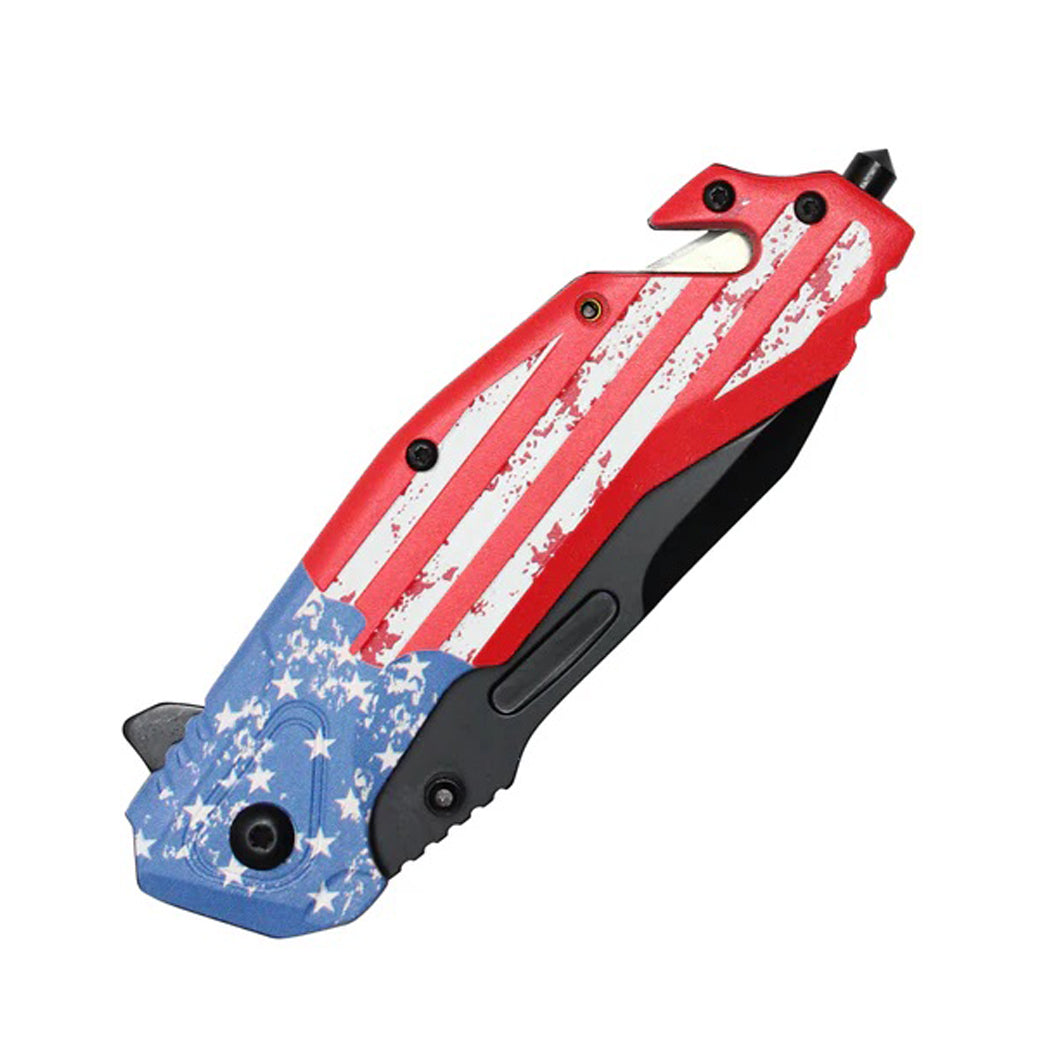 8.5" 3D Printed USA Flag Handle Spring Assisted Pocket Knife With Glass Breaker