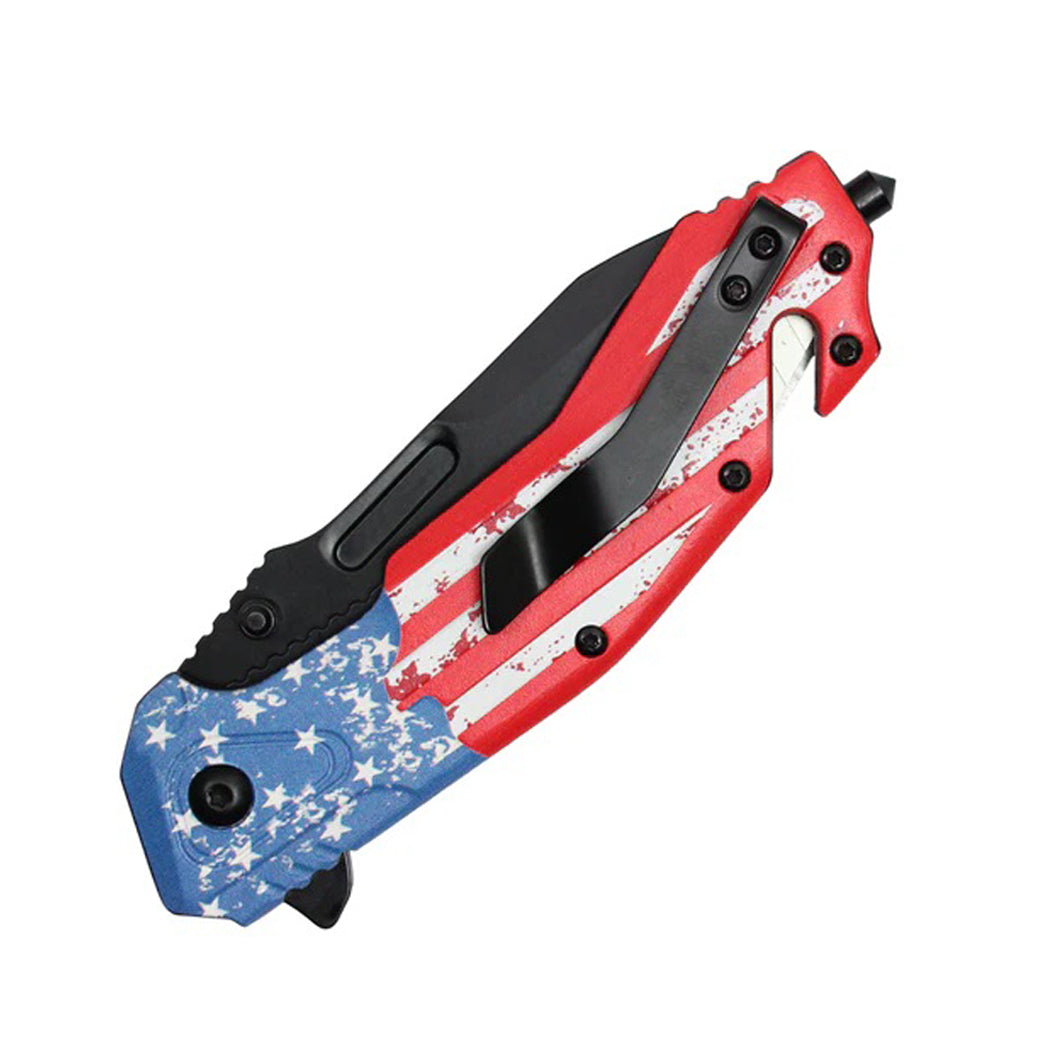 8.5" 3D Printed USA Flag Handle Spring Assisted Pocket Knife With Glass Breaker