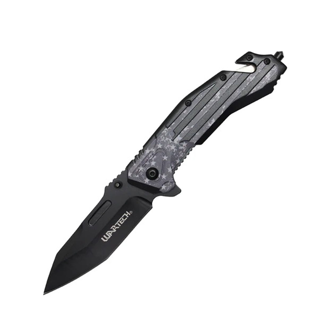 8.5" 3D Printed Dark USA Flag Handle Spring Assisted Pocket Knife With Glass Breaker
