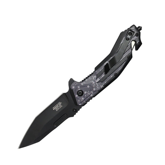 8.5" 3D Printed Dark USA Flag Handle Spring Assisted Pocket Knife With Glass Breaker