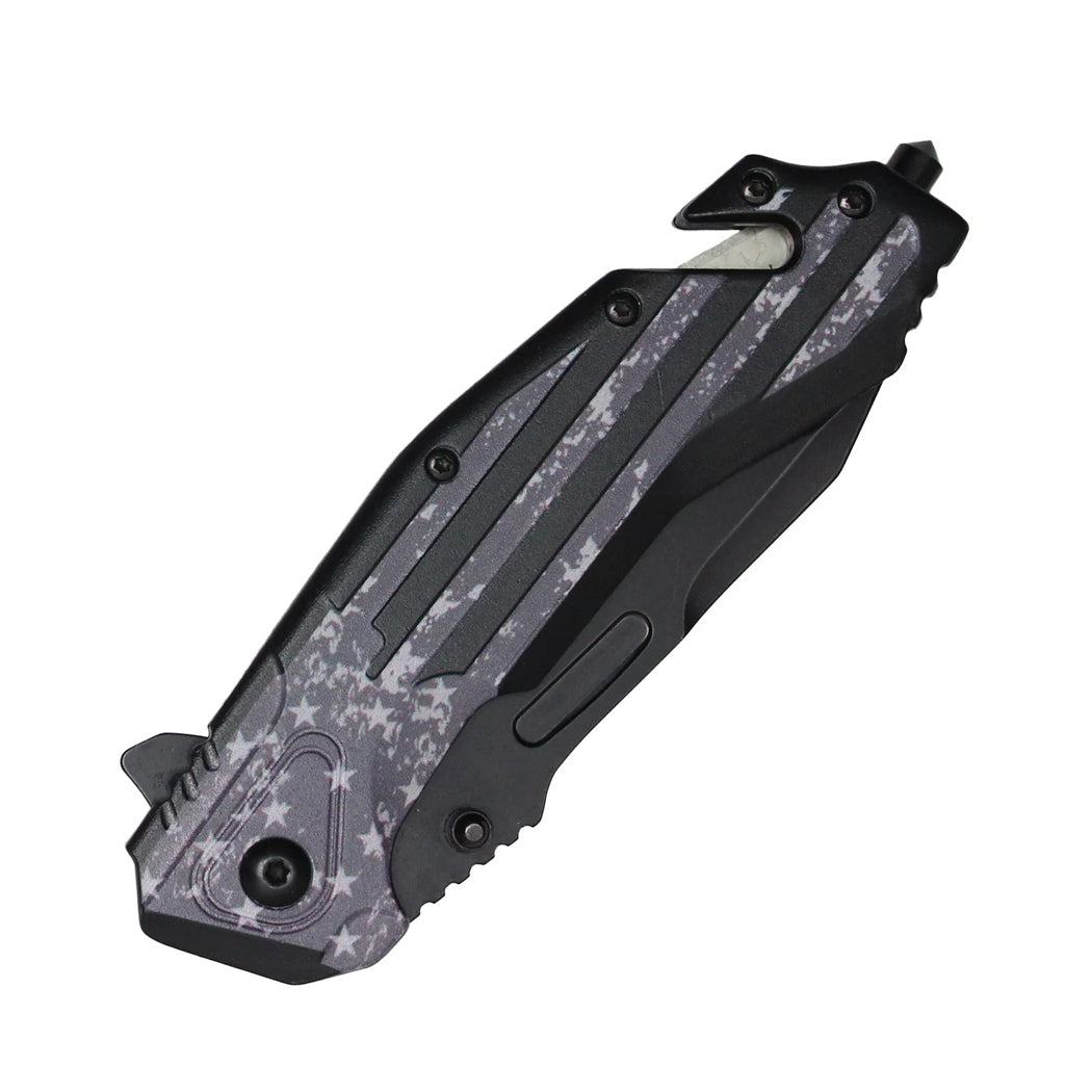 8.5" 3D Printed Dark USA Flag Handle Spring Assisted Pocket Knife With Glass Breaker