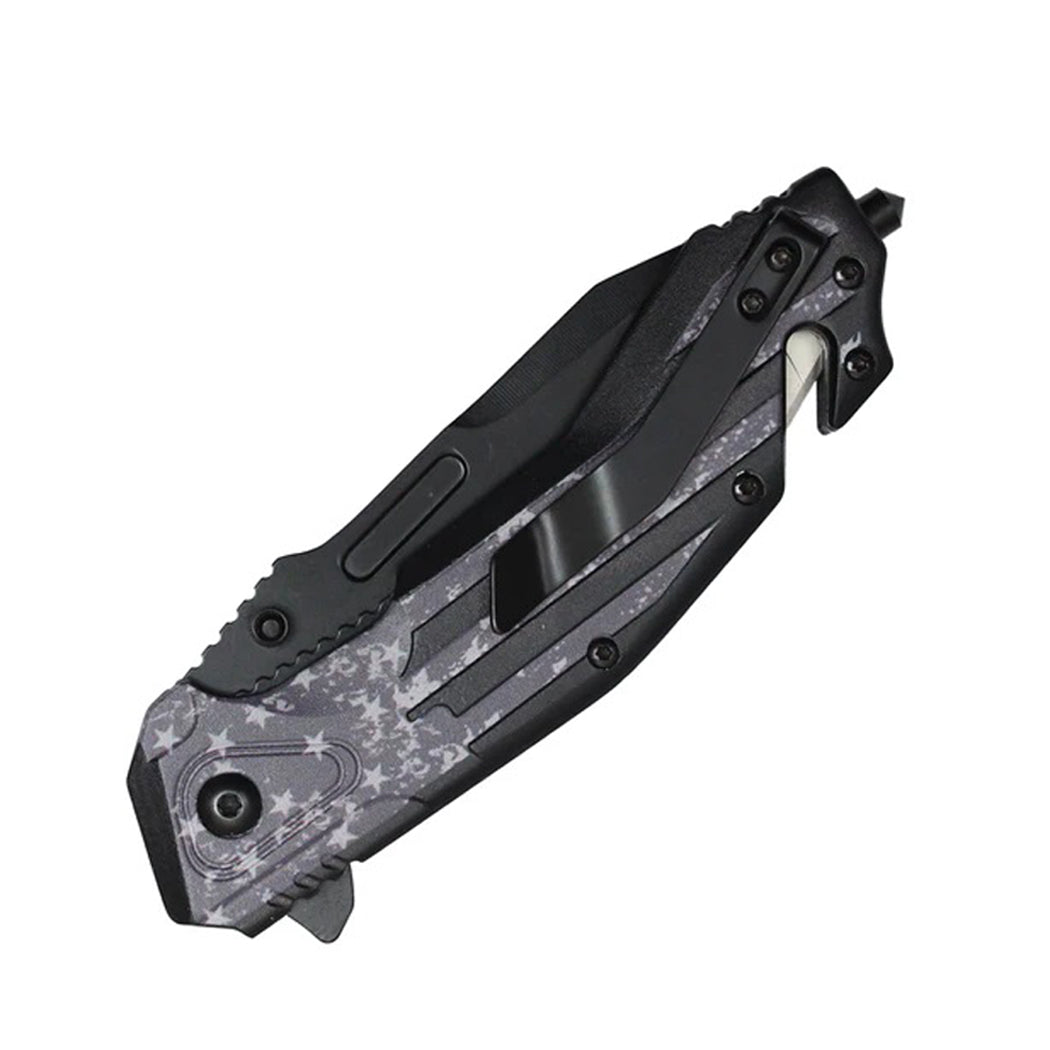 8.5" 3D Printed Dark USA Flag Handle Spring Assisted Pocket Knife With Glass Breaker