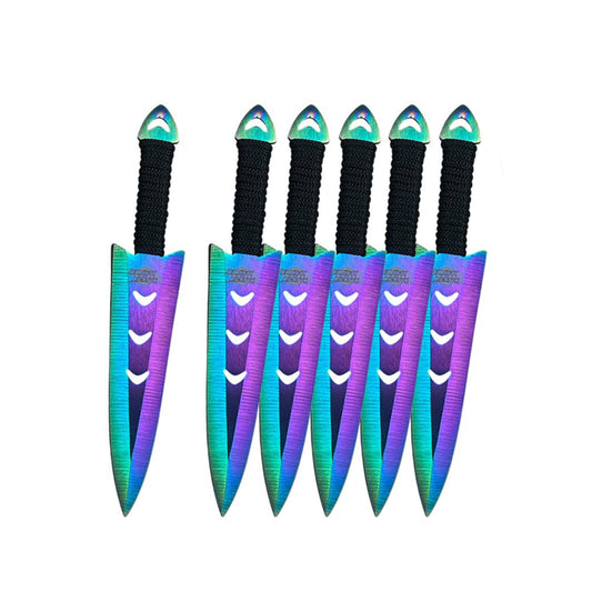 6 Piece Set 6" Rainbow Color Arrow Head Throwing Knife W/ Black Cord Wrapped Handle