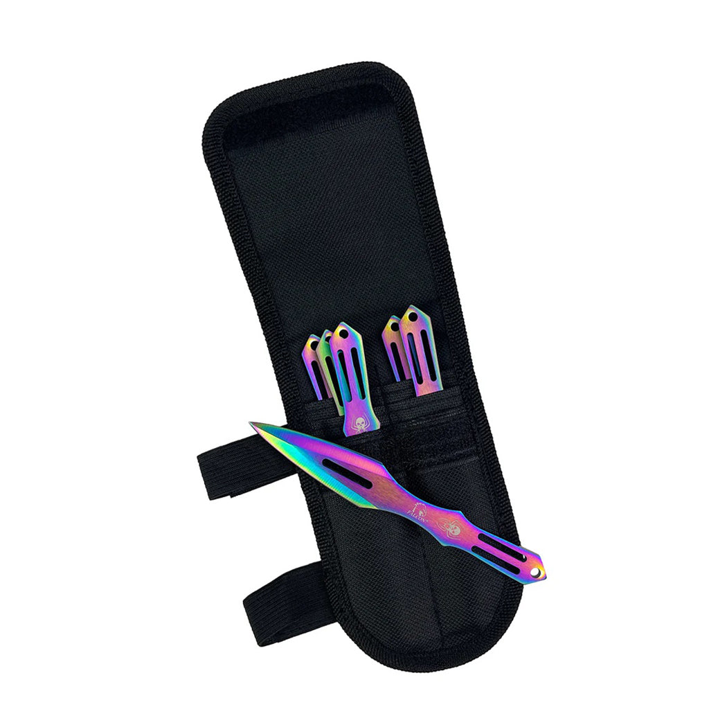 6 PC Set 5.5" Rainbow Color Spider Skull Throwing Knife Set With Nylon Pouch