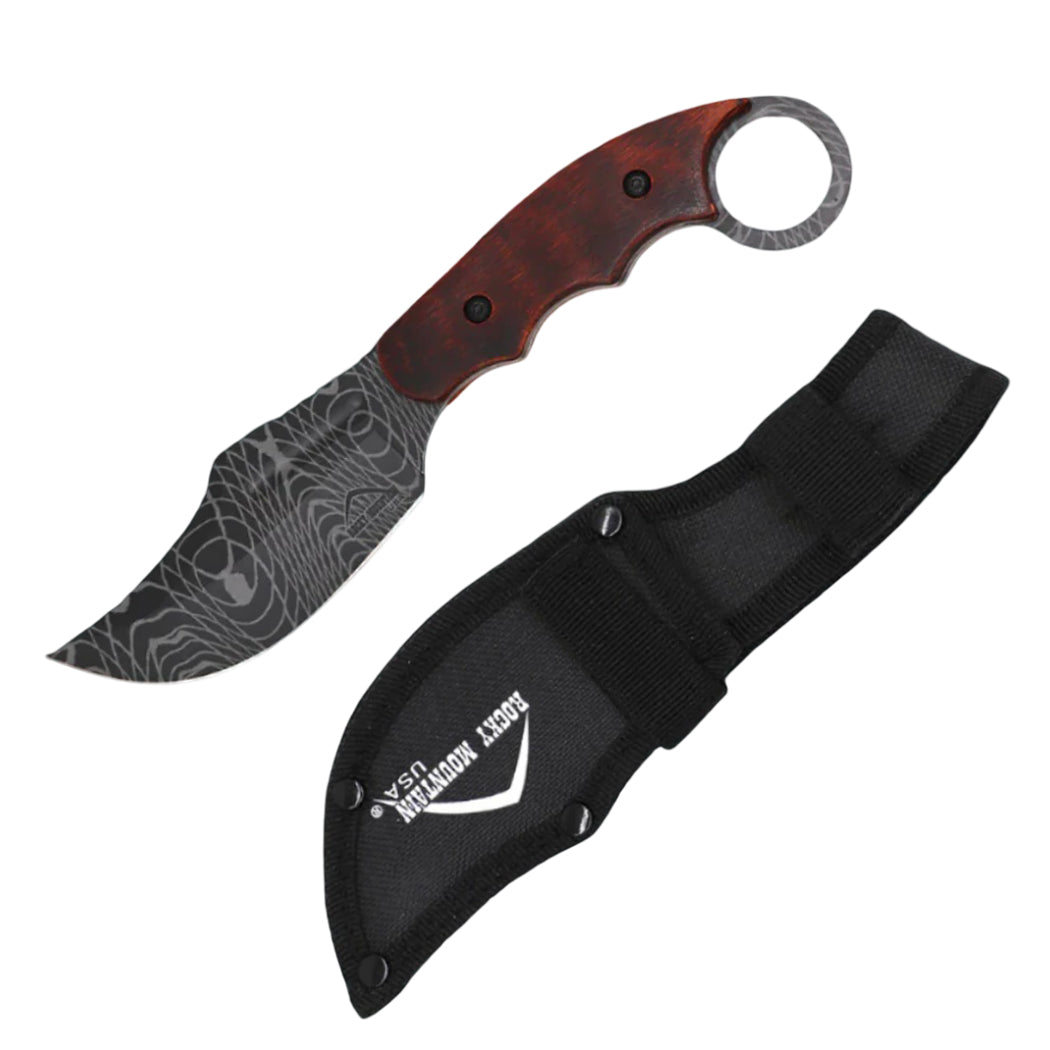 7" Damascus Pattern Blade Brown Wood Handle Hunting Knife With Sheath