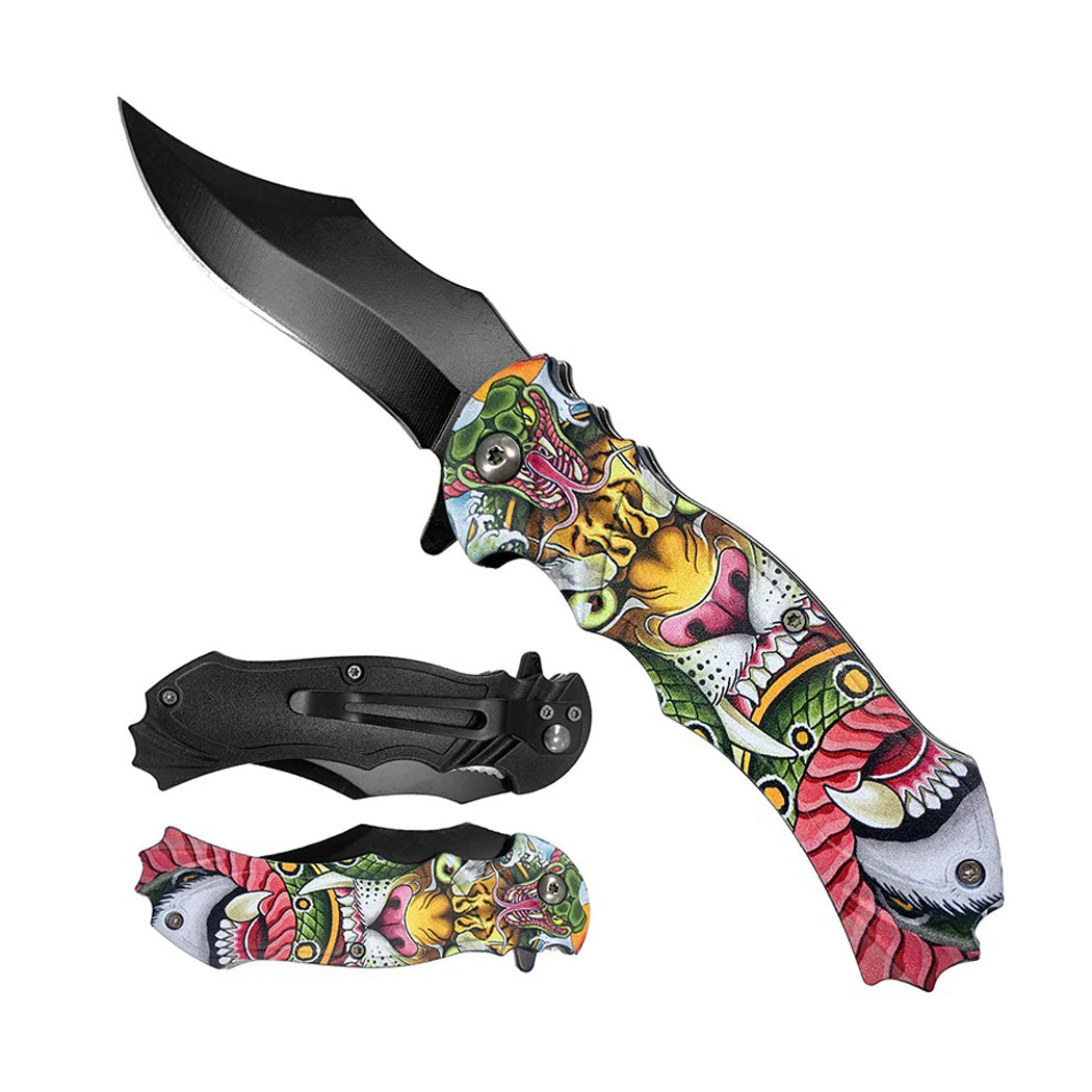 7.75" Tiger Design Handle Black Blade Spring Assisted Folding Knife With Belt Clip
