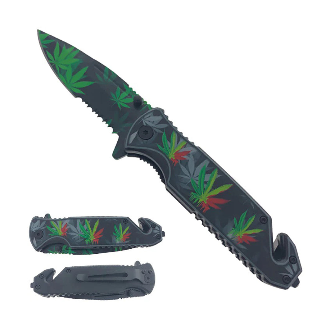 7.75" Green Marijuana Printed Semi Automatic Spring Assisted Folding Knife With Belt Clip