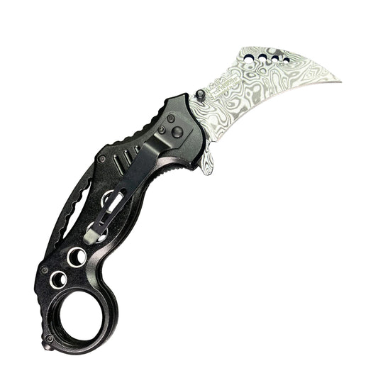 7.5" Black Aluminum Handle Damascus Pattern Blade Karambit Spring Assisted Folding Knife